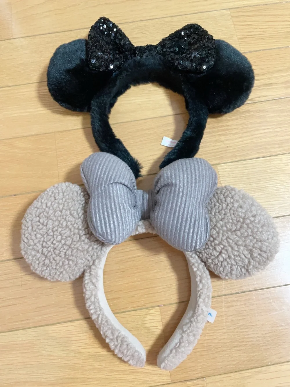 Plush Minnie-Style Ear Headbands — Black Sequin & Beige Sherpa Set
